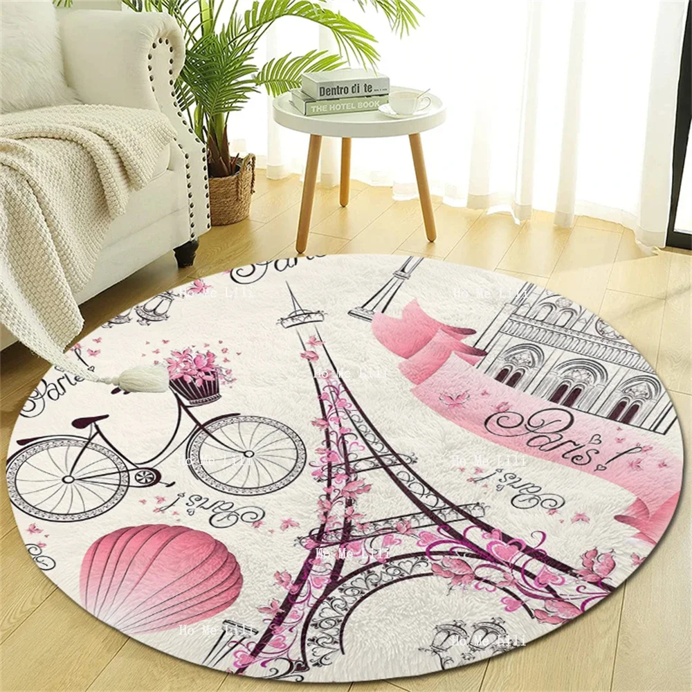 Romantic Paris Eiffel Tower And A Bicycle Hot Air Balloon France Cityscape Pink Pattern Round Flannel Floor Rugs