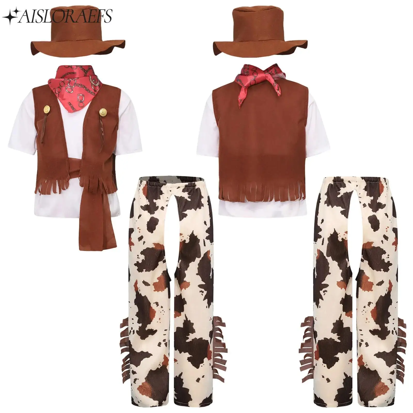 

Boys Western Cowboy Bandanna Halloween Cosplay Costume Dress Up T-shirt+Pants+Vest+Hat+Bandana+Waistband 6Pcs Performance Sets