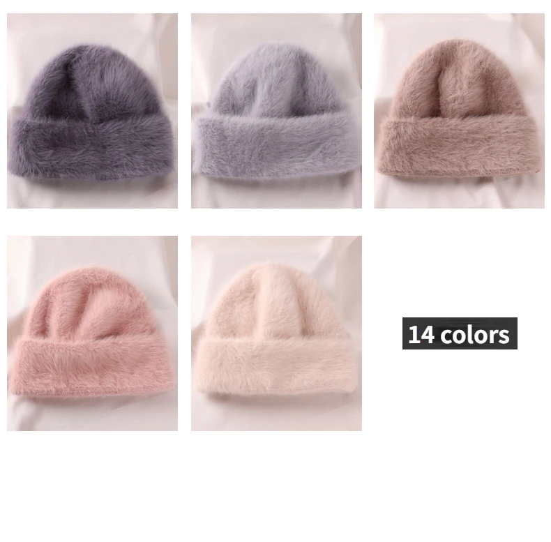 2023 Angora Flauschige Strickmütze Kaninchenfell Wintermütze für Damen Damen Mode Warmer Plüschschädel Damen Dicke Fleecemützen – Detail 16