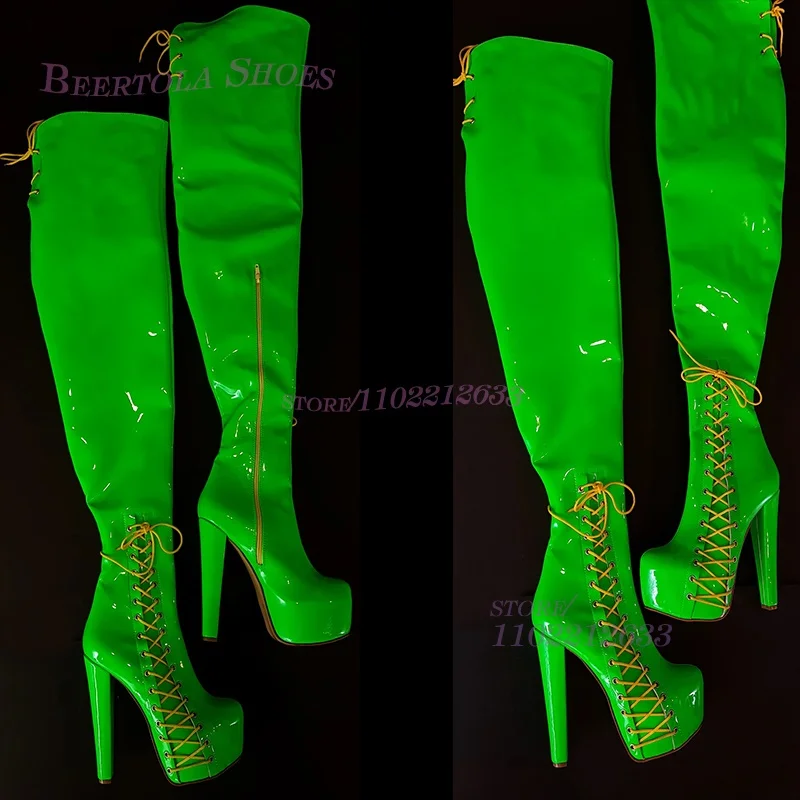 Green Bright Low Platform Side Lace-Up Boot Women Round Stiletto Half Zip Sexy Girl Cool Metallic Glitter Summer Pole Dance Shoe