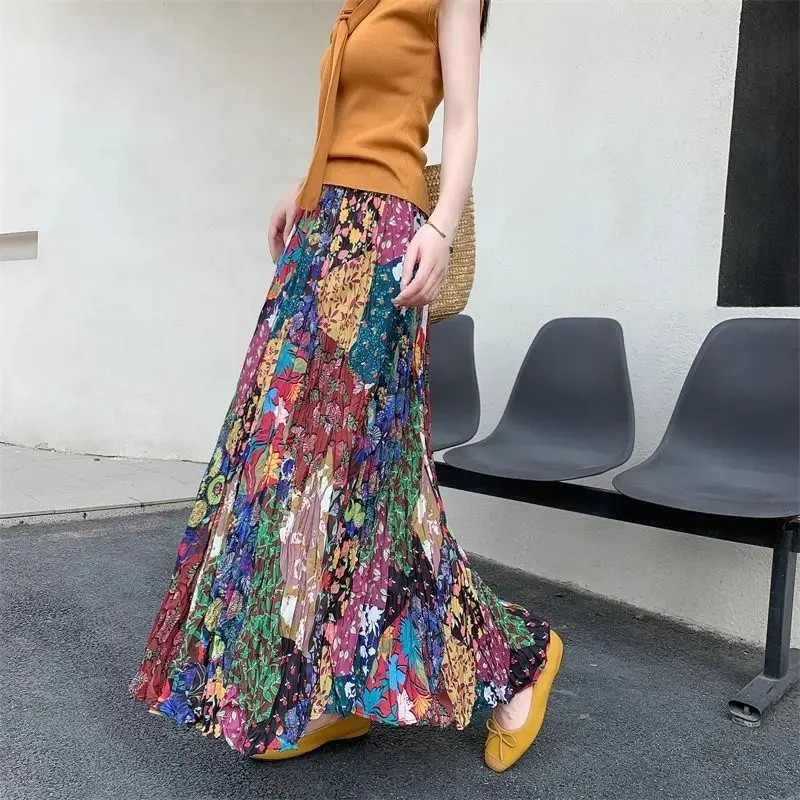 Women's Bohemian High Waist A Line Long Skirt Vibrant Colorful Print Pleated Summer Travel Vacation New Arrival​