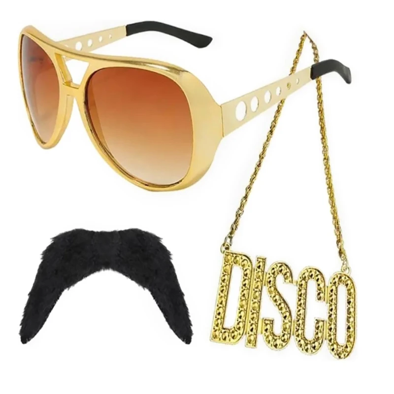 3x Accesorios para disfraz hombre los años 70, disfraz discoteca para mujer, collar con bigote, gafas