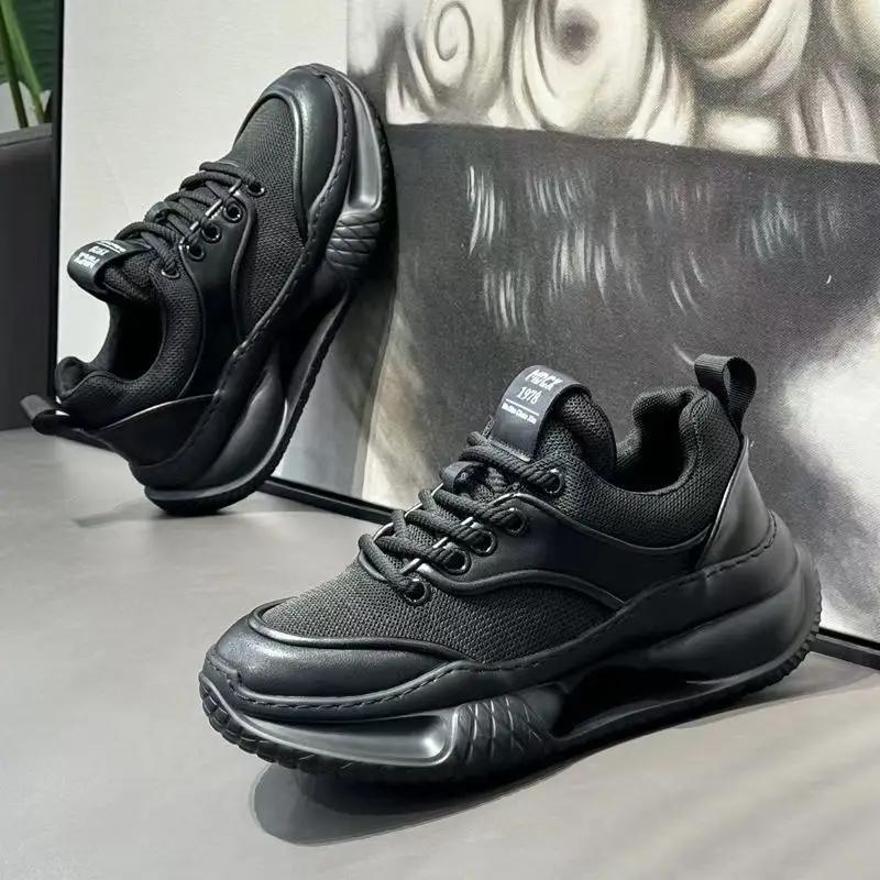 Men's Black Breathable Mesh Sneakers Thick Sole Casual Sports Shoes Lace Up Comfortable Lightweight Male Outdoor Hiking Shoes