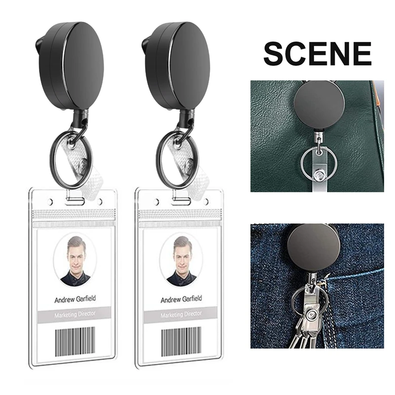 2 Pack Heavy Duty Retractable Badge Holder Reel,Metal ID Badge Holder with Belt Clip Key Ring for Name Card Keychain Black