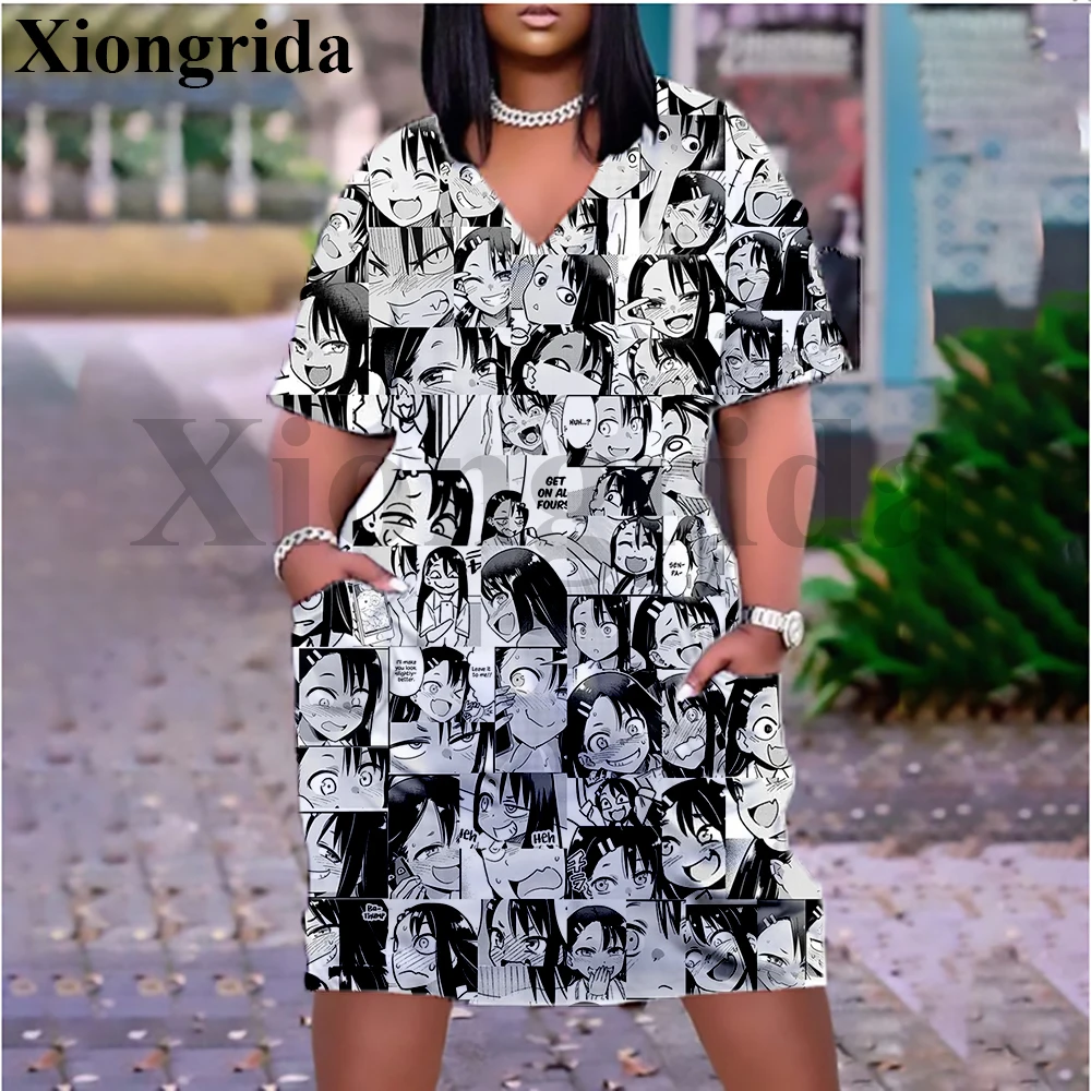 Hentai Sexy Anime Printed Pocket Dress Women 3D Nagatoro Hayase Casual Loose V Neck T Shirt Dress Summer Elegant Female Dress