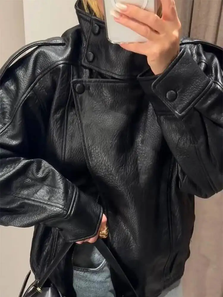 

Женская куртка с воротником-стойкой, однотонные женские кожаные куртки с длинными рукавами и двойными пуговицами, осень 2021, модная уличная женская верхняя одежда