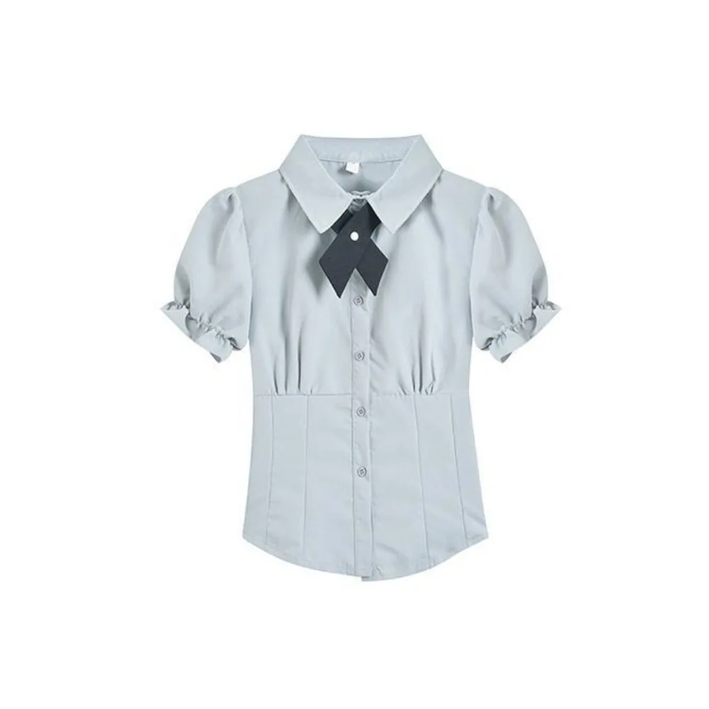 

Korean Style Bowknot JK Short Sleeve Shirts Y2K Preppy Style Slim Blouse Women Puff Sleeve Crop Top Sweet Girls Shirts Summer