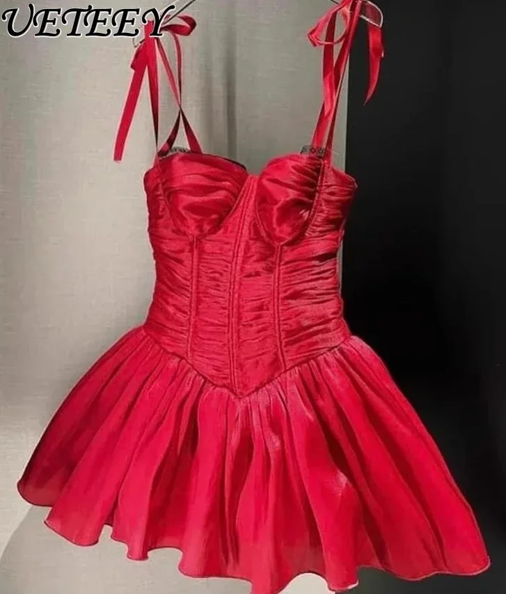 Red Sweet Girls High Waist Red Suspenders Short Dress Women's Summer New Younger Fashion Party Cake Dresses Pettiskirt