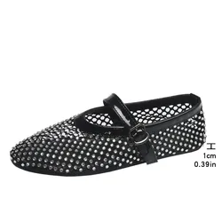 Summer Rhinestone Mesh Hollow Sandals Plus Size 43 Women Flats Shallow 2024 New Mary Jane Shoes Comfort Luxury Female Flat Shoes