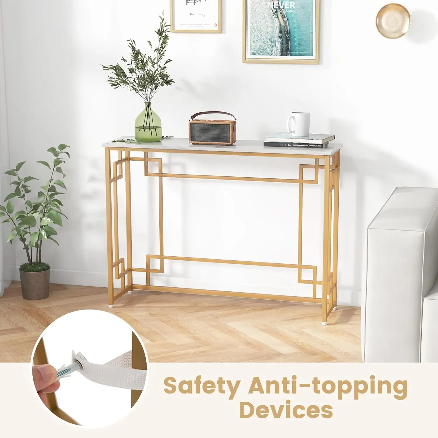 43.5-Inch Console Tables For Entryway - Foyer Table With Adjustable Foot Pads, Golden Metal Frame, Faux Marble Top, Modern Long