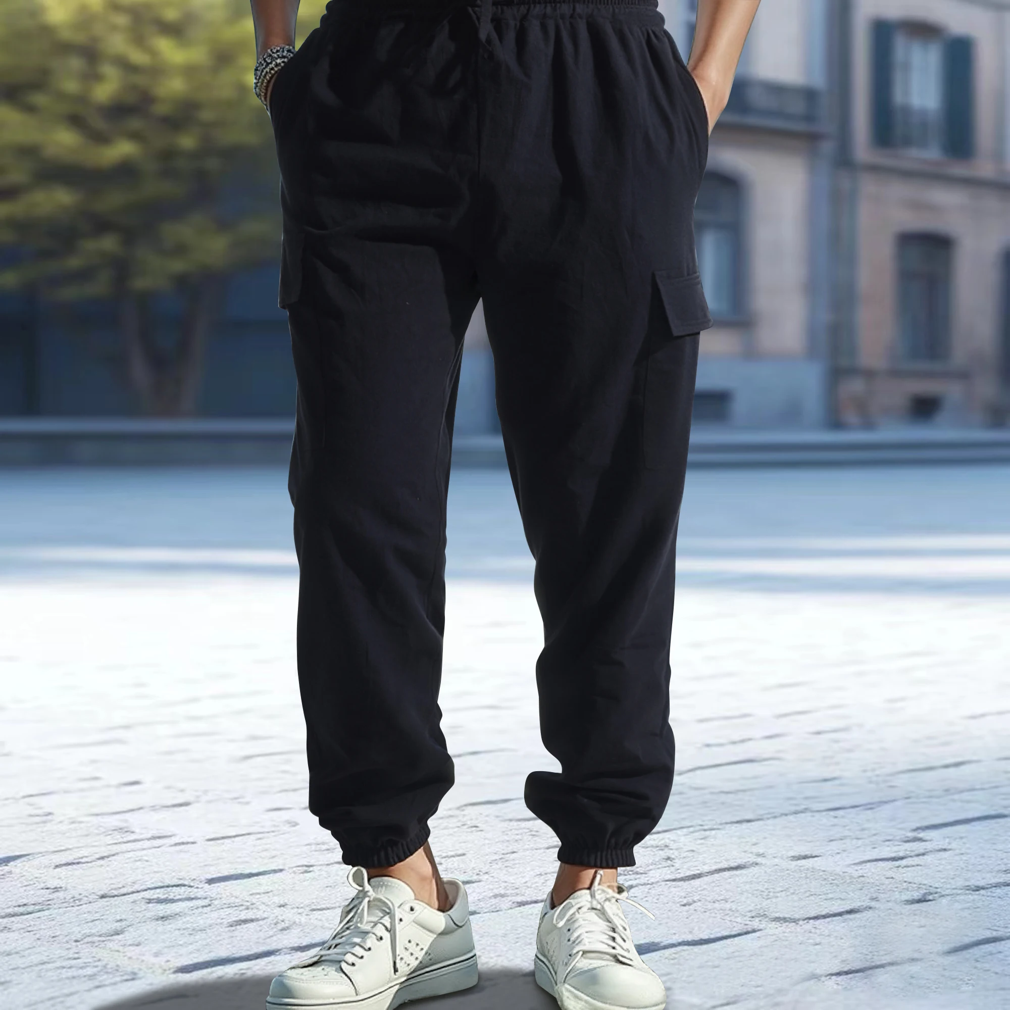 Casual Trousers Men's Cargo Casual Pants Solid Color Double Pocket Outdoor Pants Drawstring Leg Casual Pants