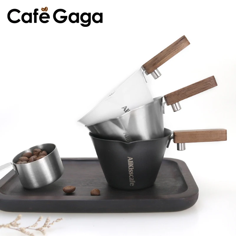 Edelstahl Espresso Messbecher 120ml mit Holzgriff Espresso Shot Tasse Triple Pitcher Milch becher Home Kaffee Zubehör