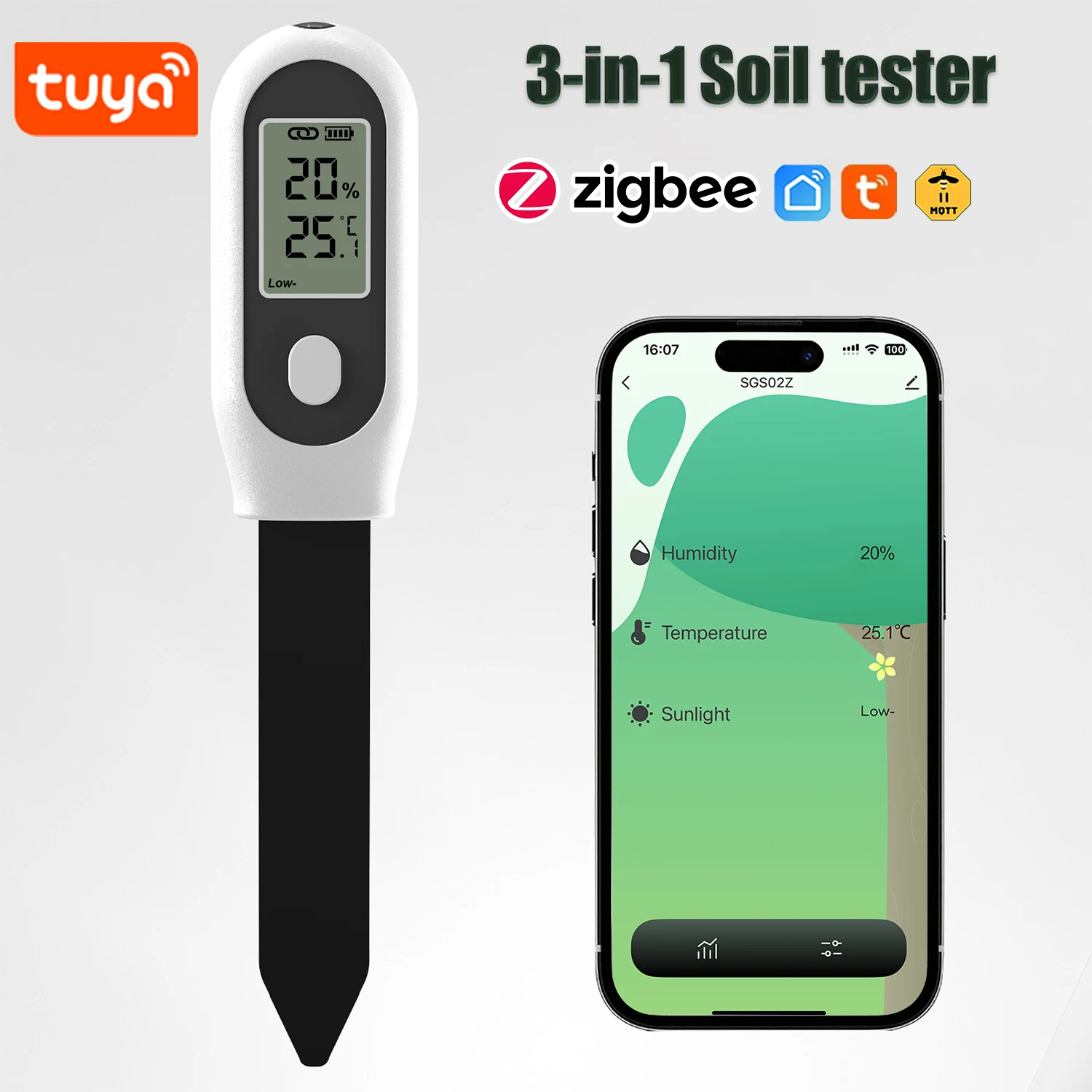 مستشعر رطوبة التربة زيجبي 3 في 1 مع شاشة LCD رقمية، كشف درجة حرارة الرطوبة وأشعة الشمس لوكس، شاشة تطبيق Tuya في الوقت الحقيقي