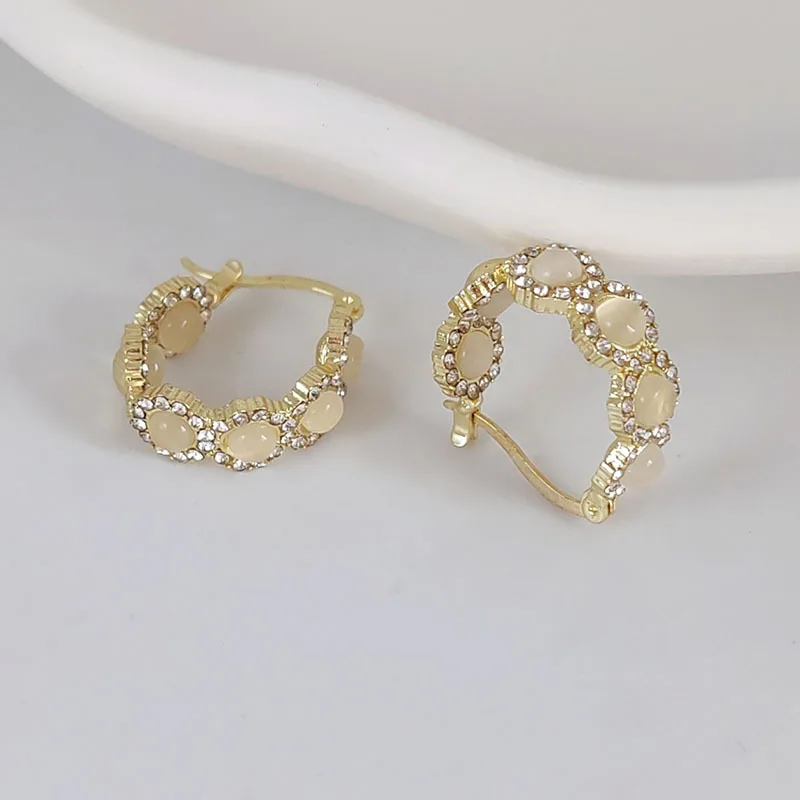 Korean New Design Fashion Jewelry 14K Gold Plated Round Zircon Pink Opal hoop Earrings Luxury Women's Party Accessories