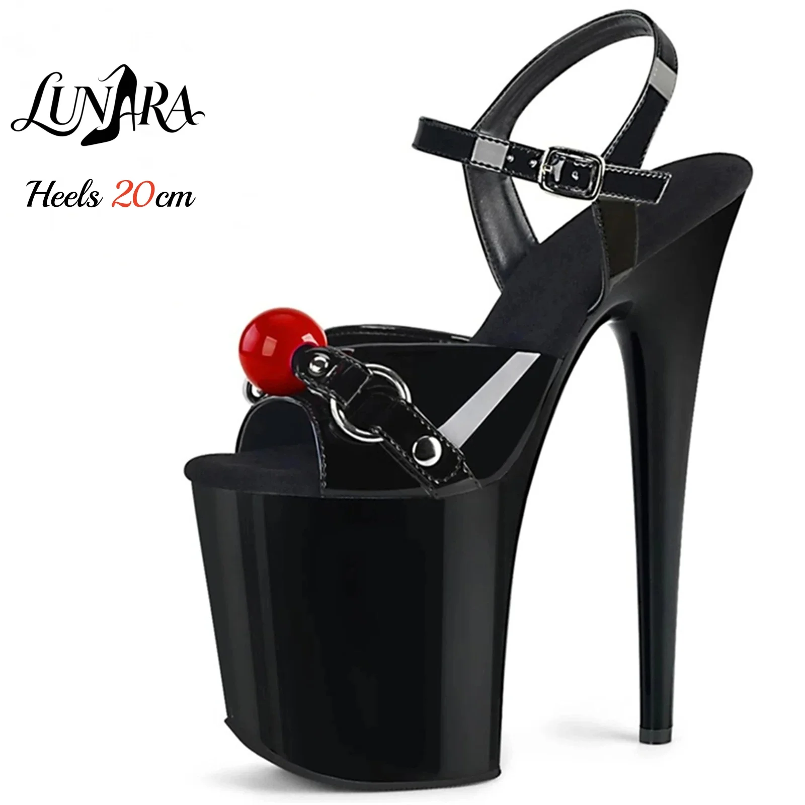

20cm Black Patent Leather Platform High Heel Sandals Open Toe Ankle Strap Buckle Red Ball Sexy Pole Dance Nightclub Stage Shoes
