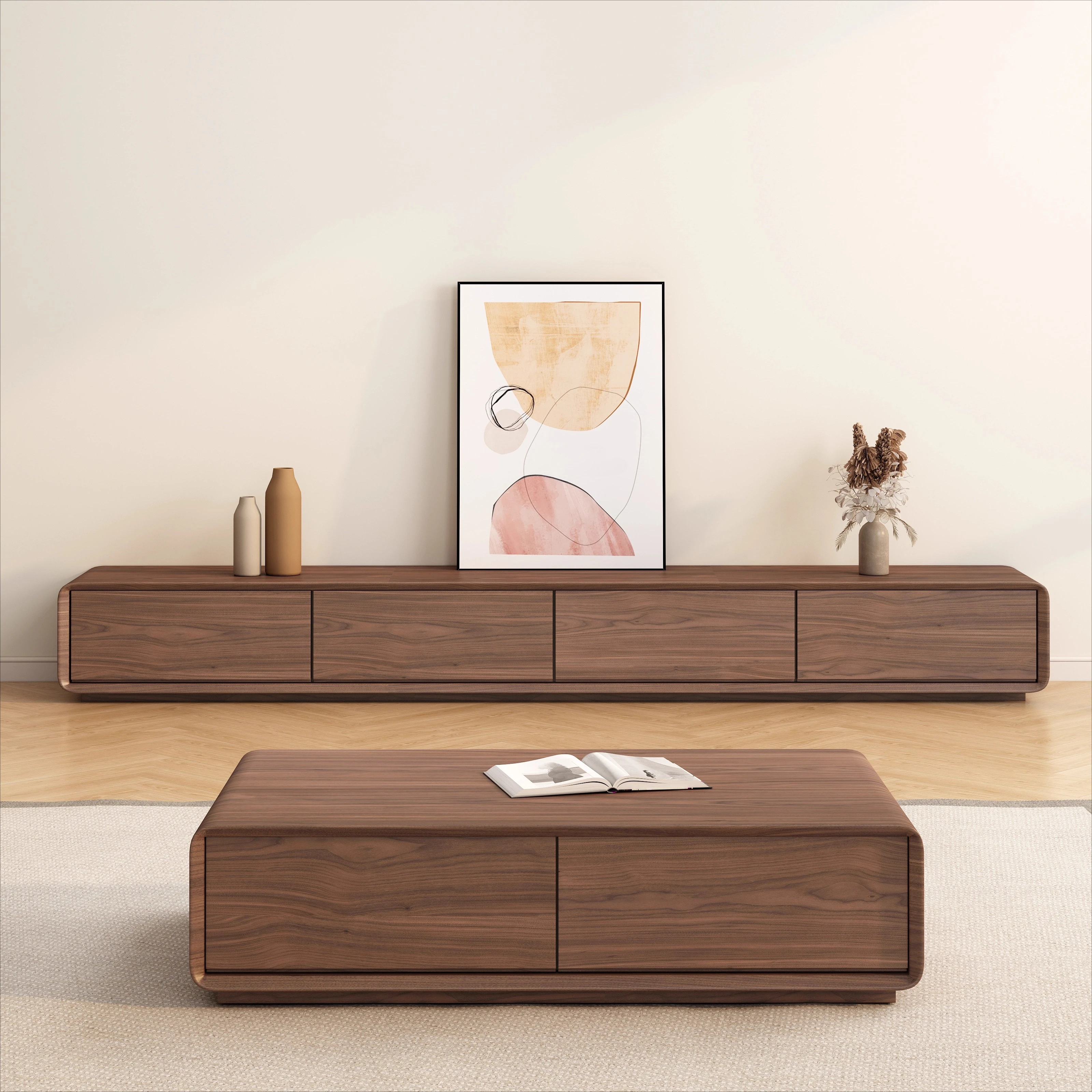 Modern simple solid wood TV cabinet coffee table combination, black walnut floor-to-ceiling size apartment