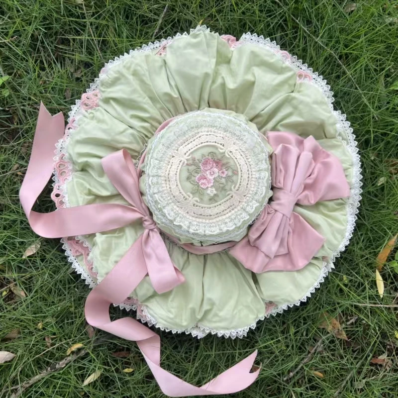MAGOGO Original Handmade French Style Romantic Lolita Hat Pastoral Sweet Bow Lace Trim Flower Doll Umbrella Hat Bonnet Hat
