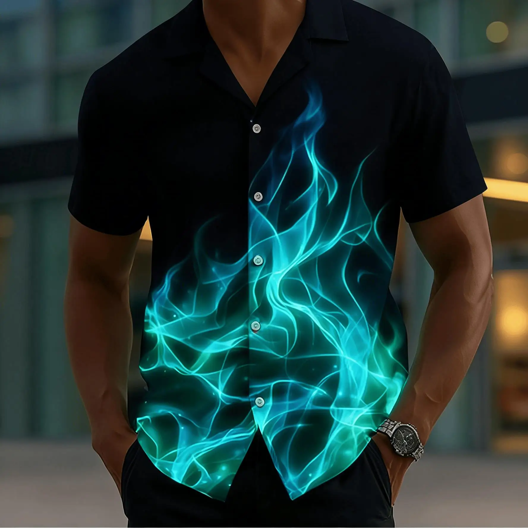 Men's Black Background Gradient Print Short Sleeve Shirt, Spring Summer Cyberpunk Blouse, Loose Casual Top
