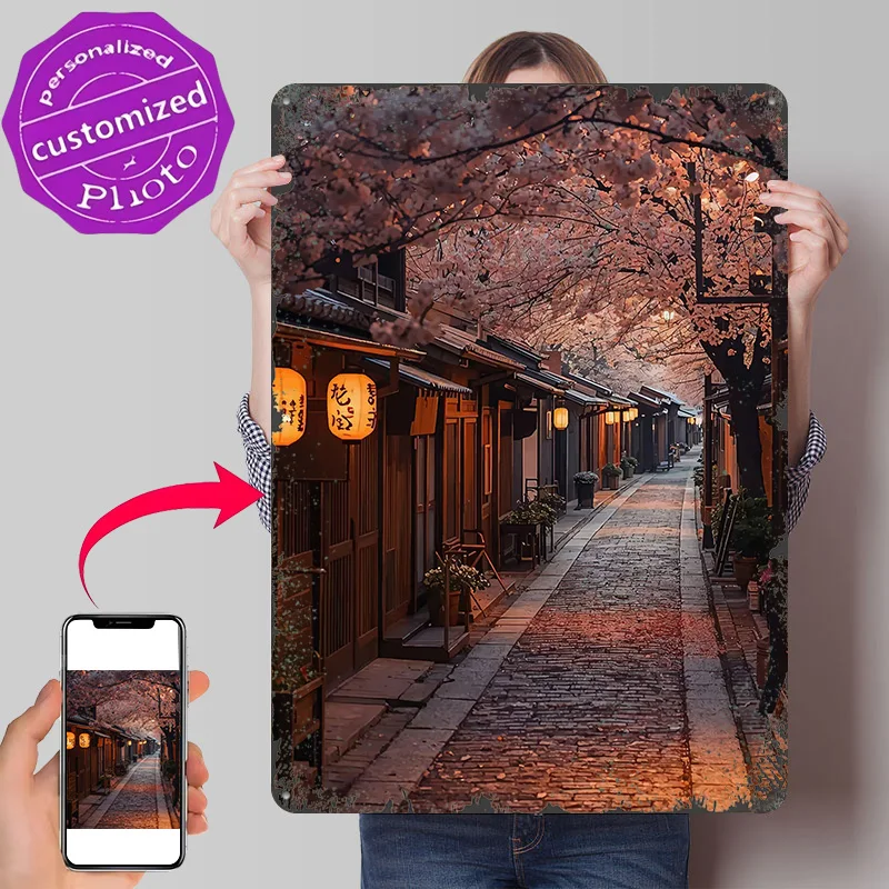 Cherry Blossom Alley With Lanterns Personalized 3D Textured Metal Poster Wall Art Vintage Tin Signs for Decoration Bedroom Decor