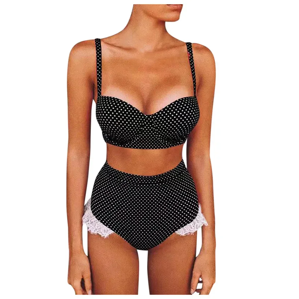 Womens Polka Dot Printing Bikini Set Sling Steel Support Padded Lace Border Push Up Swimwear High Waist Thong Swimsuit 2024