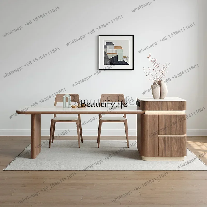FGDining table integrated travertine rock slab black walnut wood grain light luxury retractable