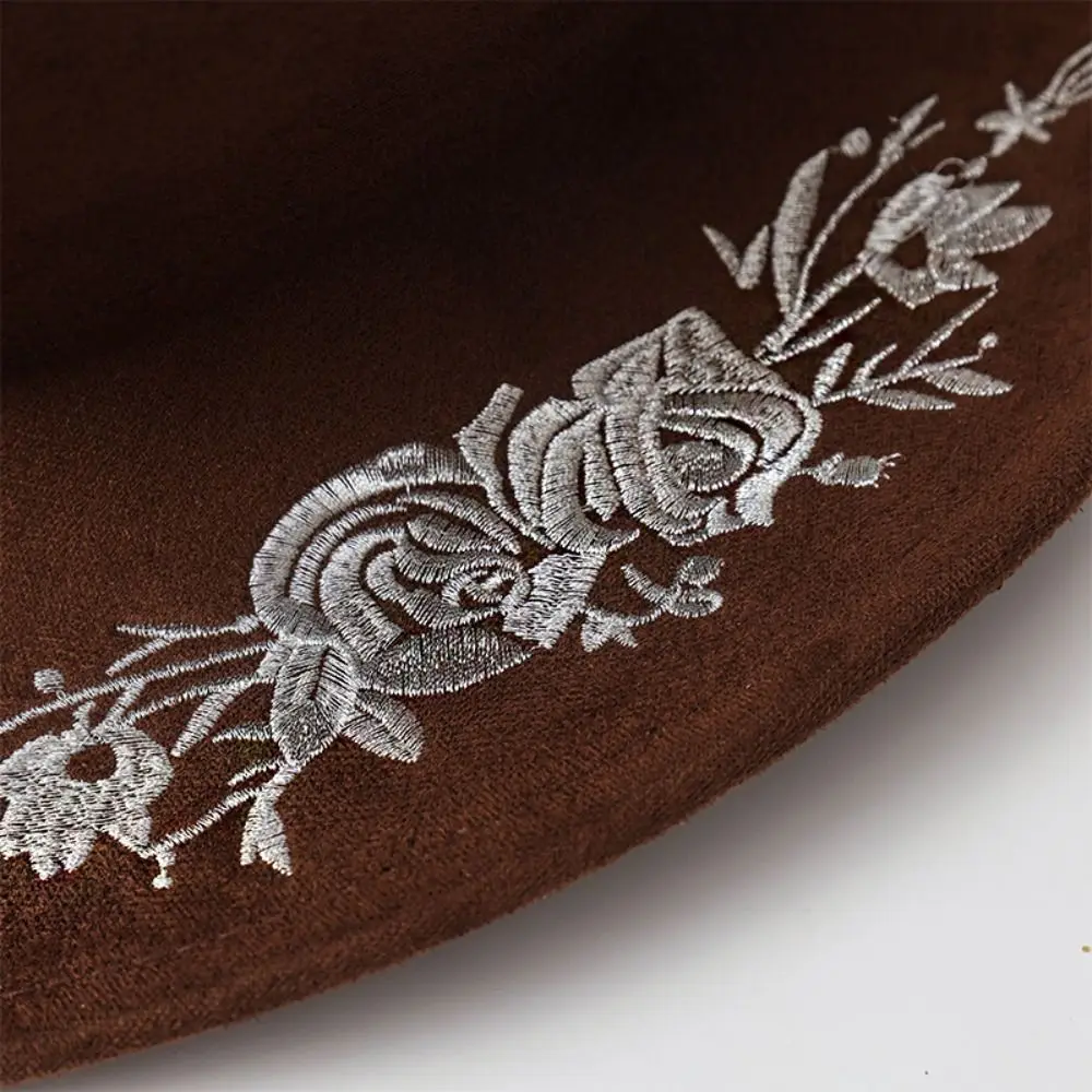 Large Brimmed Embroidered Felt Top Hat Formal Occasion Performance Cap Fedora Hat Jazz Hats Embroidery Flower Decoration