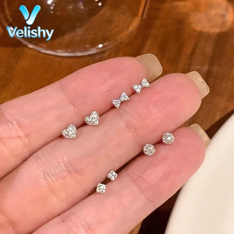 2/10Pcs Real 925 Silver Mini Geometric Zircon Stud Earrings Dainty Trendy Hypoallergenic for Everyday Wear