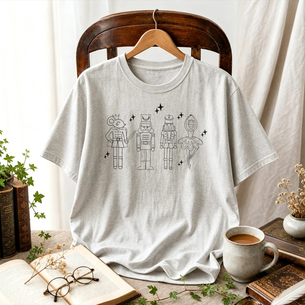 Camiseta de Algodón con Diseño Gráfico Minimalista de El Cascanueces: Rey Ratón, Soldado, Bailarina, Arte de Línea, Ropa Casual de Calle para Navidad