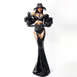 Sexy Pole Dance Clothing Black Leather Cutout Clothes Bar Nightclub DJ DS Gogo Dance Costumes Women Stage Rave Outfits DWY9472