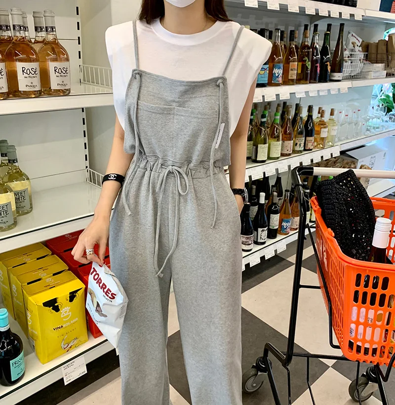 จั๊มพ์สูทขายาวทรงขาบานสไตล์เรโทรสำหรับผู้หญิง เอวผูกเชือก ผ้าฝ้าย ทรงหลวม สไตล์เกาหลี เอวสูง ขายาว