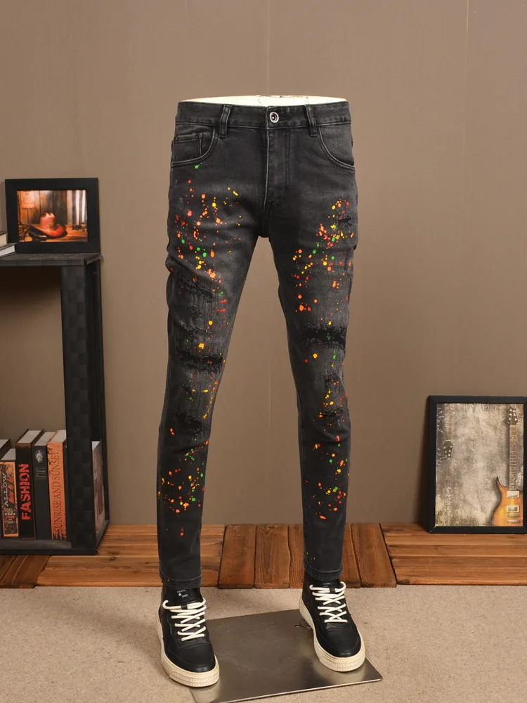 Black Ripped Jeans Men's Paint Design Stretch Slim Fit Skinny High Street Ruan Shuai Splash Paint Patch Motorcycle Trousers