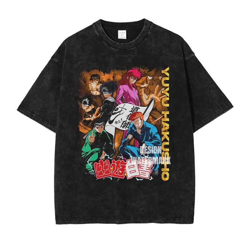 تي شيرت أنيمي يو يو هاكوشو تي شيرت عتيق مغسول يو يو هاكوشو تي شيرت كبير الحجم بأكمام قصيرة Yuusuke Hiei Kurama Kazuma تي شيرت رجل