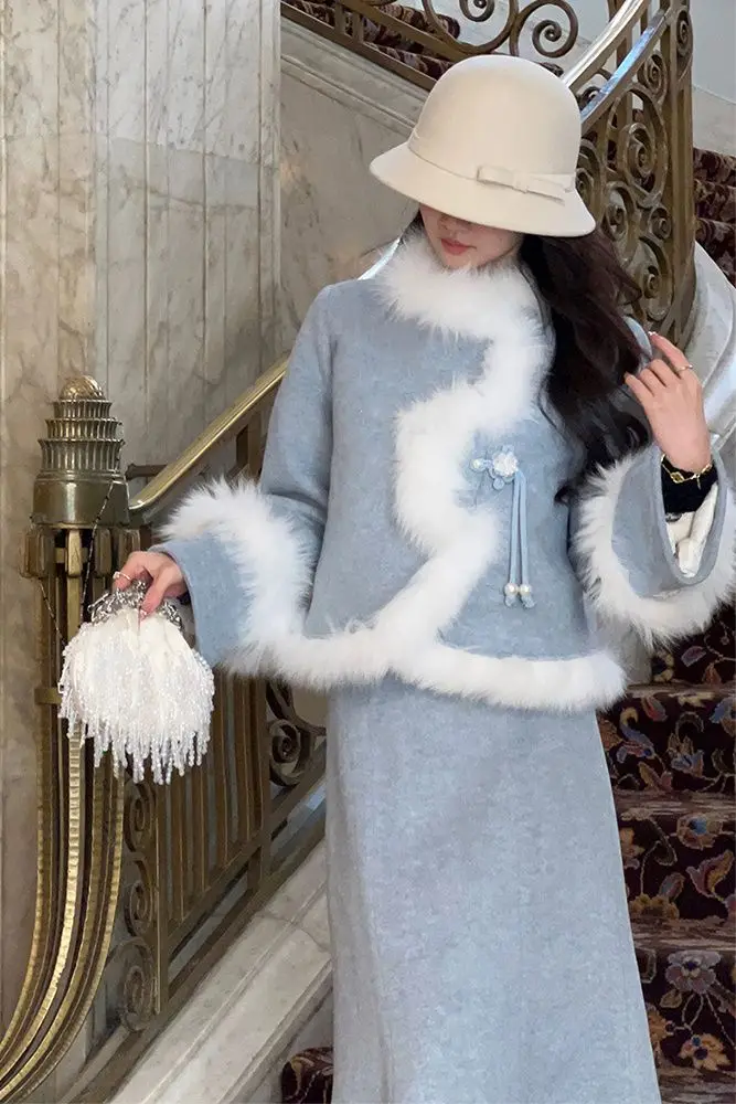 

Winter Chinese Style Embroidered Jackets & Tail Mermaid Skirt Set High Waist Slim Fit Elegant Two-Piece Outfits Female Clothing