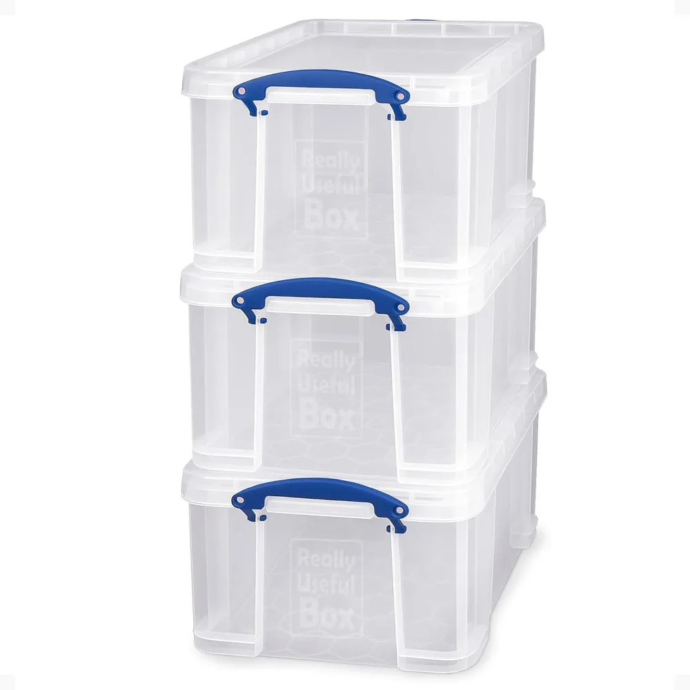 

Useful Box 3-Pack Clear Plastic Storage Bins with Lids & Clip Handles, 32 Liters - Stackable, Portable and Transparent Or