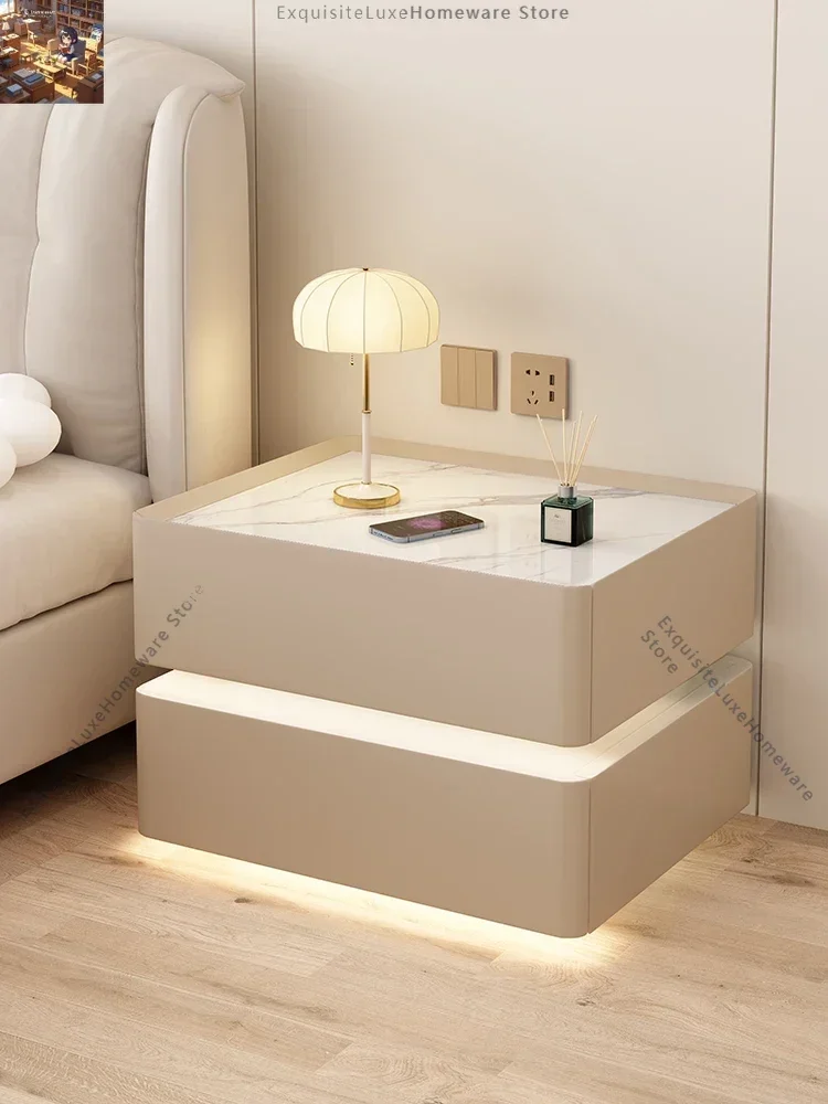 Solid wood cream wind smart bedside table simple modern rock slab bedroom home light luxury advanced free installation bedsi
