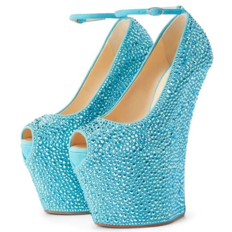 DIZHUANG Sexy women's high heels Sky blue suede high heels About 20cm heel height No heel rhinestone shoes. Fashion show banquet