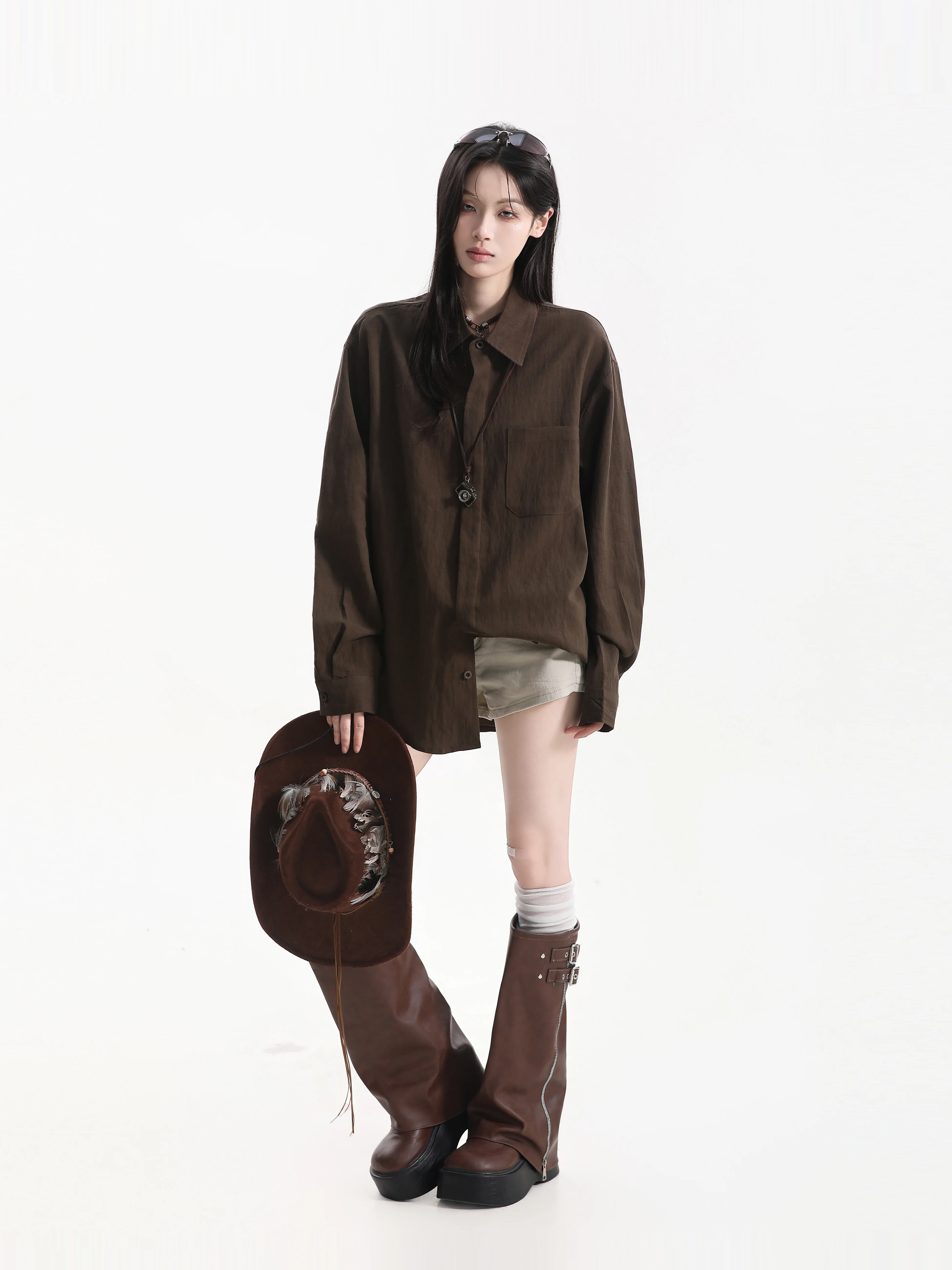 Fall Lazy Style Long Sleeve Shirt Women's Neutral Shape Layering Shirt Cleanfit Loose Fit Contrast Splicing Lenzing Modal