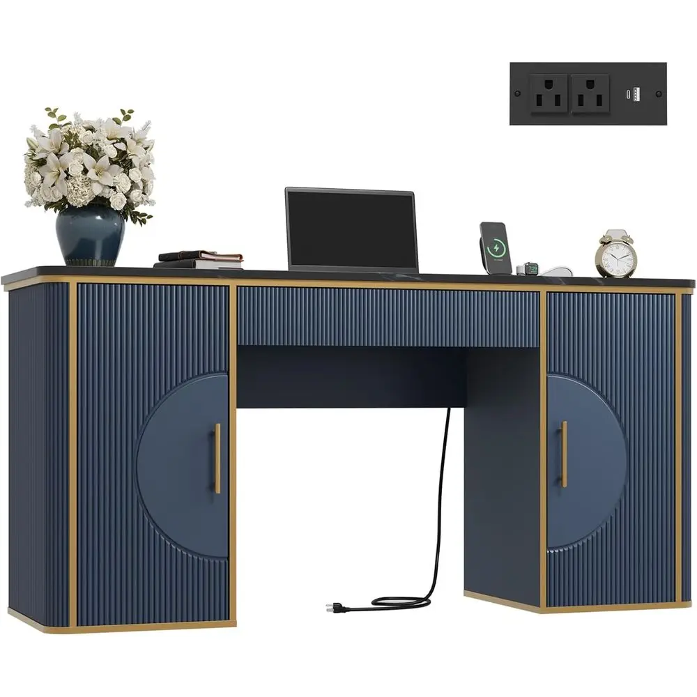 

60 Long Wooden Home Office Writing Desk with Drawers, Storage Cabinet, and Charging Station, High Executive Desk for Office, Bed