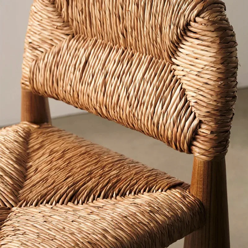 Medieval grass and rattan dining chair, retro solid wood weaving chair