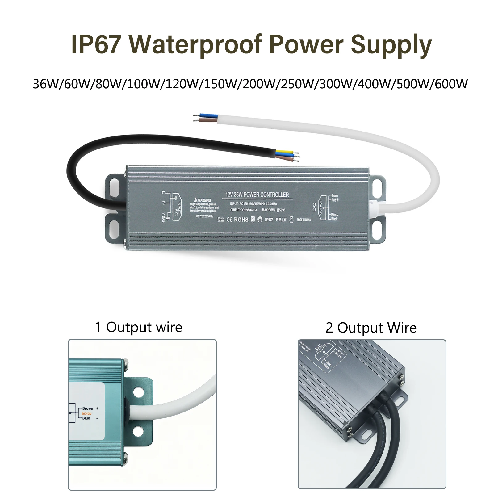 Waterproof LED Power Supply IP67 AC110V-240V To DC 12V 24V LED Driver 36W 60W 100W 200W 300W 600W Outdoor Lighting Transformer
