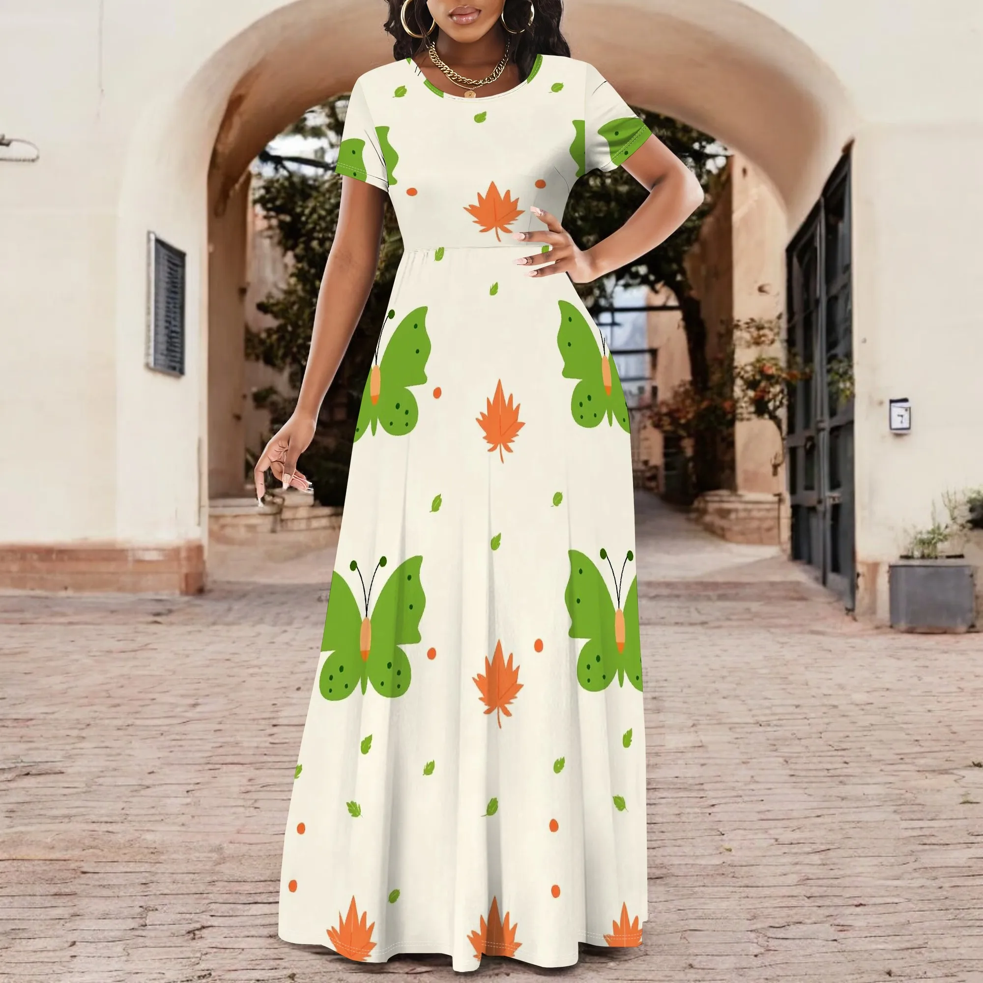 

Butterfly Print Short Sleeve Maxi Dress for Women XS-3XL Summer 2025 Boho Casual A-line Long Dress with High Waist Design
