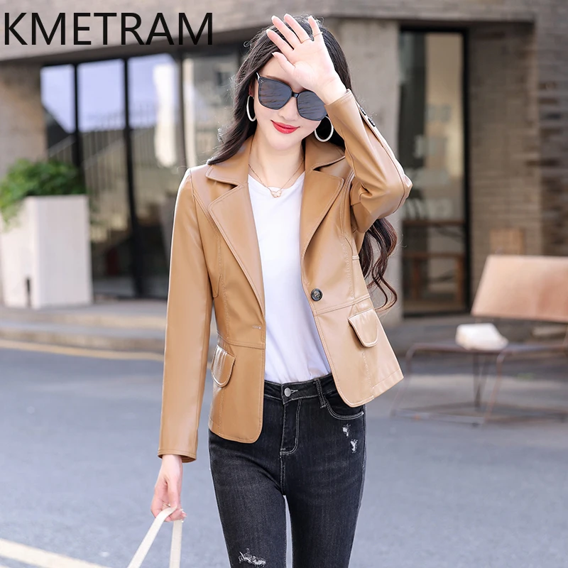 KMETRAM-Veste en cuir de mouton véritable pour femme, manteau court, slim, noir imbibé, printemps, automne, 2024