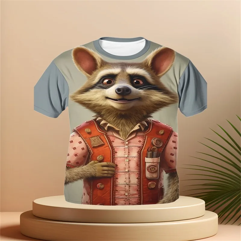 

24/25 Latest Popular Cartoon Leisure Animal Raccoon Round Neck T-shirt 3D Printed Street Quick Drying Comfortable Breathable