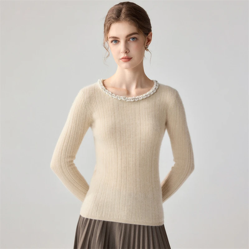 Soft Pure Cashmere Baby round Neck Pullover Sweater with Hand-Embroidered Beads Women's Base Layer Comfortable Knitwear