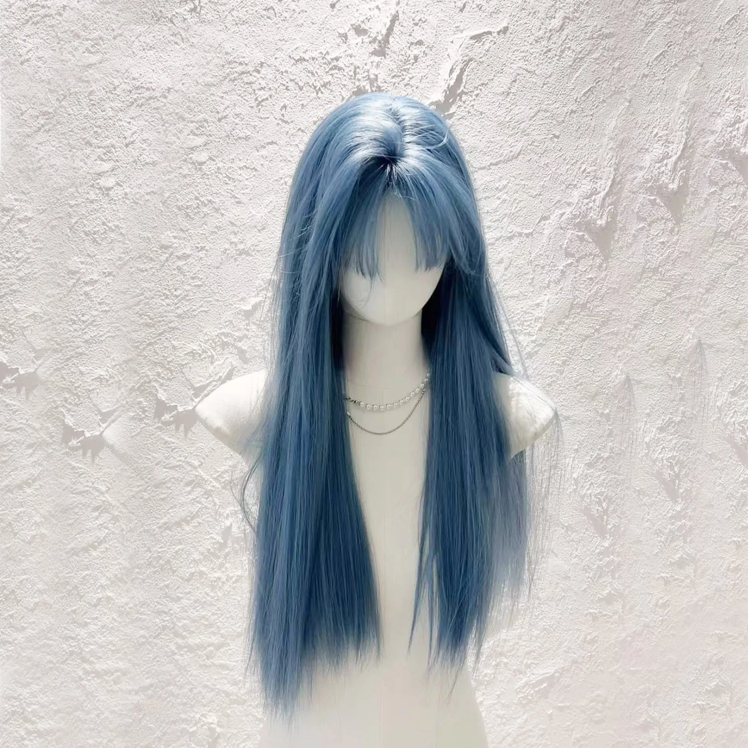 

Blue Long Straight Synthetic Wig with Bangs Natural Looking Cosplay Daily Wig for Women