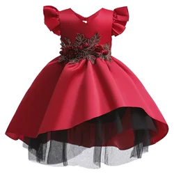 Elegant Princess Lace Dress Kids Flower Embroidery Dresses For Girls Vintage Children Dresses for Christmas Party Red Ball Gown