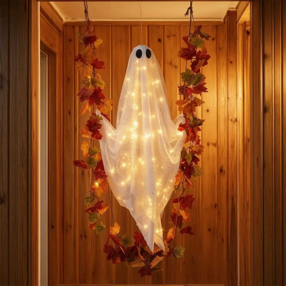 Glowing Gauze Ghost Pendant Halloween Hanging Ghost Decor with Maple Leaf Vine Lights Remote Control for Yard for Friends