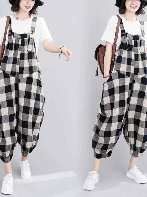 

Trendy Plaid Harem Jumpsuit Women's Summer 2025 High Waist Wide Leg Pants Korean Sle Loose Fit Nine Points