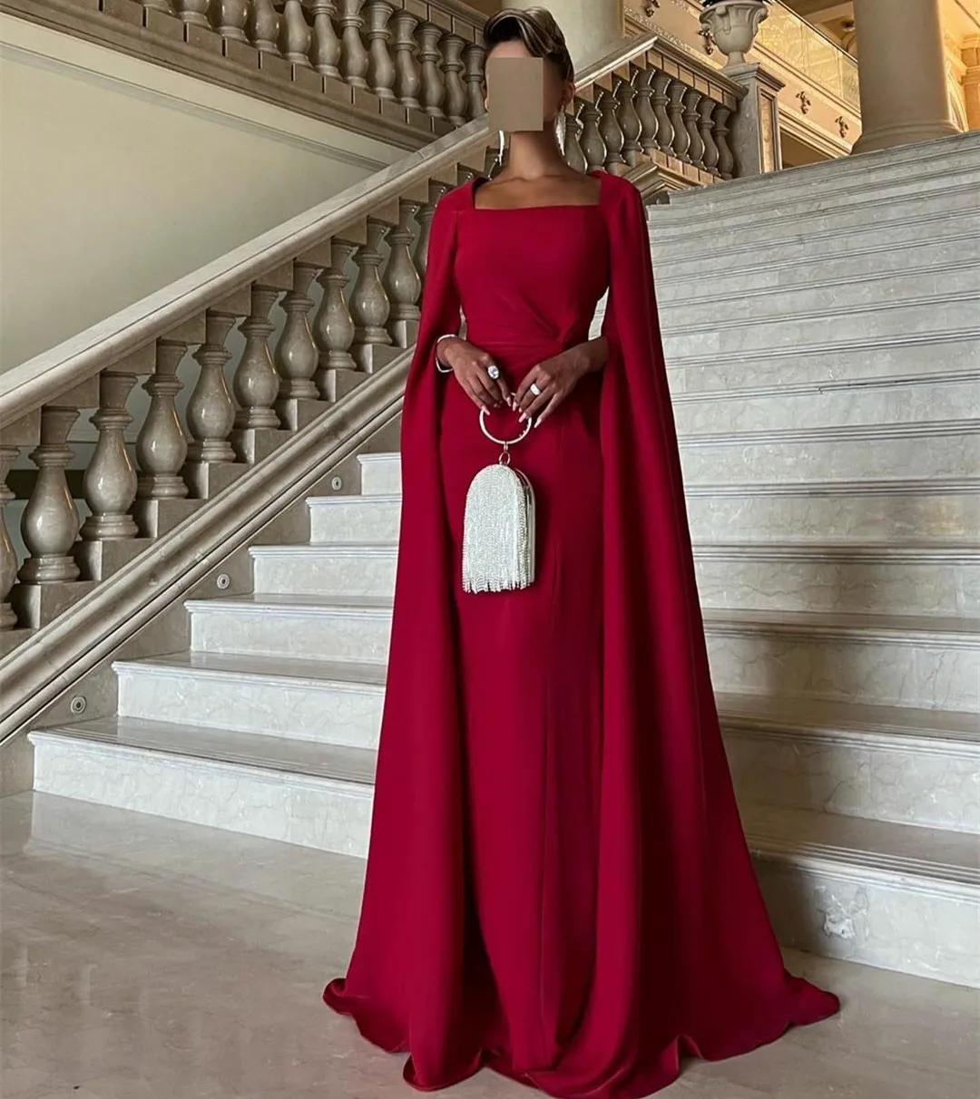 Vintage Long Dark Red Crepe Evening Dresses With Cape Sheath Square Collar Pleated Dubai Floor Length Prom Dresses for Women