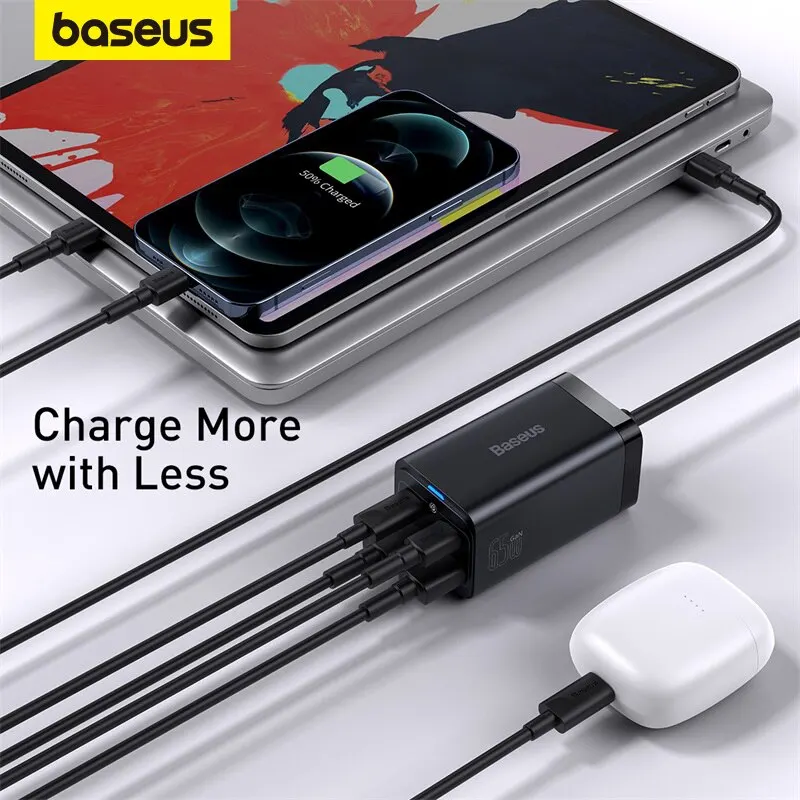 Baseus-cargador rápido 4 en 1 para ordenador portátil, adaptador GaN de 65W para iPhone 15, 14, 13 Pro Max, Xiaomi y Samsung